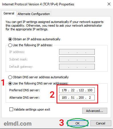 در اینجا باید گزینه Use the Following DNS Server Addresses را انتخاب کرده و DNS جدید خود را وارد کنید. - برای ذخیره تغییرات، بر روی OK کلیک کنید.